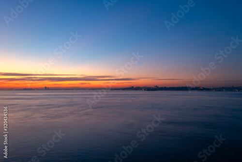 Landscape view of Istanbul bosphorus at sunset long exposure shot