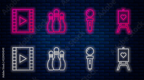Set line Bowling pin, Joystick for arcade machine, Play Video and Wood easel or painting art boards. Glowing neon icon on brick wall. Vector