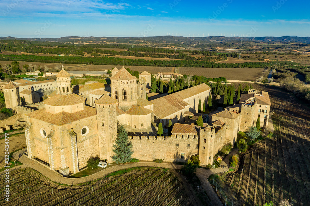 Aerial view of medieval fortified Poblet monastery in Catalonia Spain