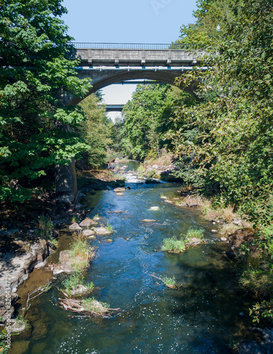 The Bridge at Tumwater Falls with trees and bushes shimmering in the water during summertime with a blue sky thurston county washington state.