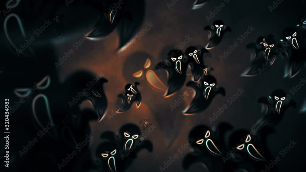 A collection of scary, spooky ghosts emerge creepily from an orange fog. Loopable full hd Halloween motion background.