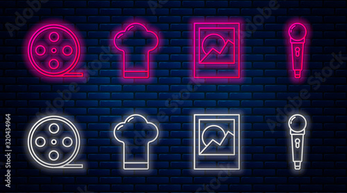 Set line Chef hat, Photo frames, Film reel and Microphone. Glowing neon icon on brick wall. Vector