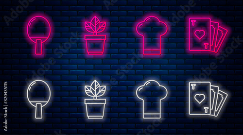 Set line Flowers in pot, Chef hat, Racket for playing table tennis and Playing card with heart symbol. Glowing neon icon on brick wall. Vector