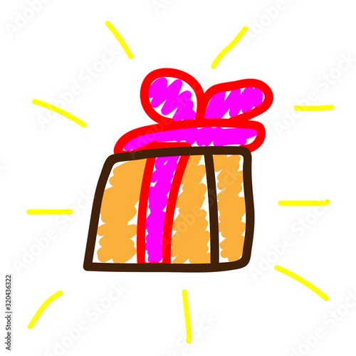 Big orange gift with a pink bow in a deliberately childish style. Child drawing. Sketch imitation painting felt-tip pen or marker. Isolated vector illustration.