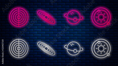 Set line Planet, Planet, Earth structure and Solar system. Glowing neon icon on brick wall. Vector