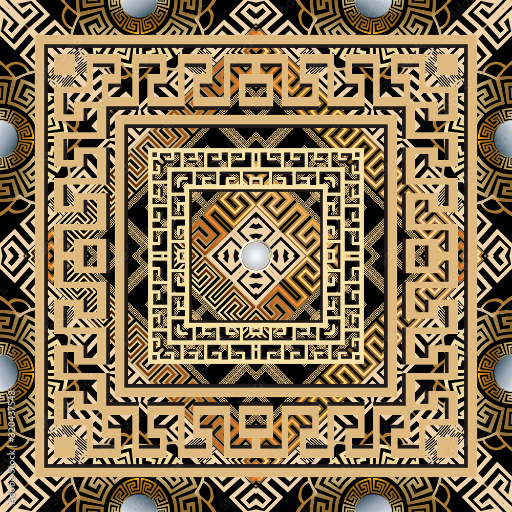 Elegant modern 3d geometric greek vector seamless pattern. Beautiful ornamental abstract background. Tribal ethnic style geometry repeat backdrop. Greek key meanders ornament. Square frames, circles