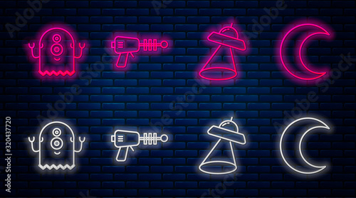 Set line Ray gun, UFO flying spaceship, Alien and Moon and stars. Glowing neon icon on brick wall. Vector