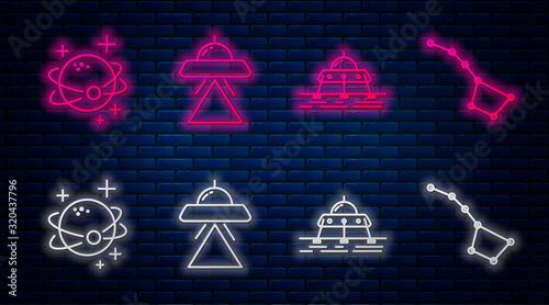 Set line UFO flying spaceship, Mars rover, Planet and Great Bear constellation. Glowing neon icon on brick wall. Vector