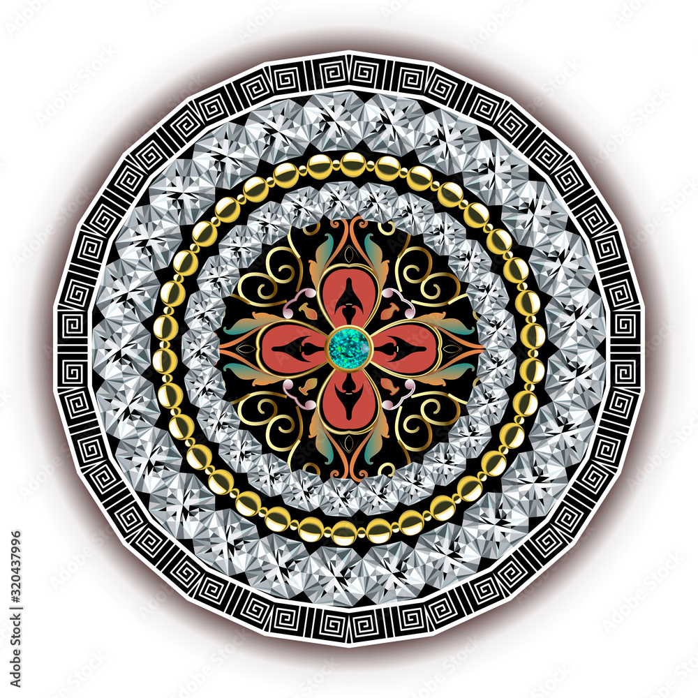 3d Jewelry diamond vector mandala pattern. Ornamental luxury jewellery background. Greek style floral ornate backdrop. Brilliant diamonds, emerald gemstones, flowers. Greek key meander round ornament