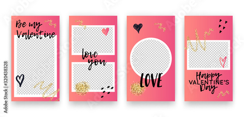 Vector set with trendy editable templates for social networks stories. Valentine's Day modern banners with hearts and phrases