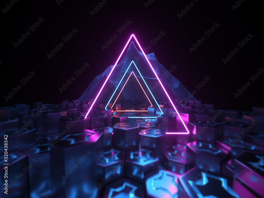 Techology Concept Neon Glowing Purple Blue. Vibrant Sci Fi Futuristic Construction Triangle
