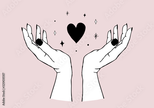 Vector trendy illustration of gesture - hands holding heart in modern minimal and tattoo style. Design template for logo, print, emblem or branding. Love concept.