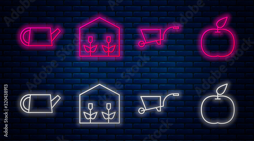 Set line Home greenhouse and plants, Wheelbarrow, Watering can and Apple. Glowing neon icon on brick wall. Vector