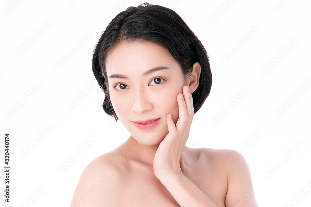 Portrait beautiful young asian woman clean fresh bare skin concept. Asian girl beauty face skincare and health wellness, Facial treatment, Perfect skin, Natural makeup, on white background,two Portrait beautiful young asian woman clean fresh bare skin concept. Asian girl beauty face skincare and health wellness, Facial treatment, Perfect skin, Natural makeup, on white background,two