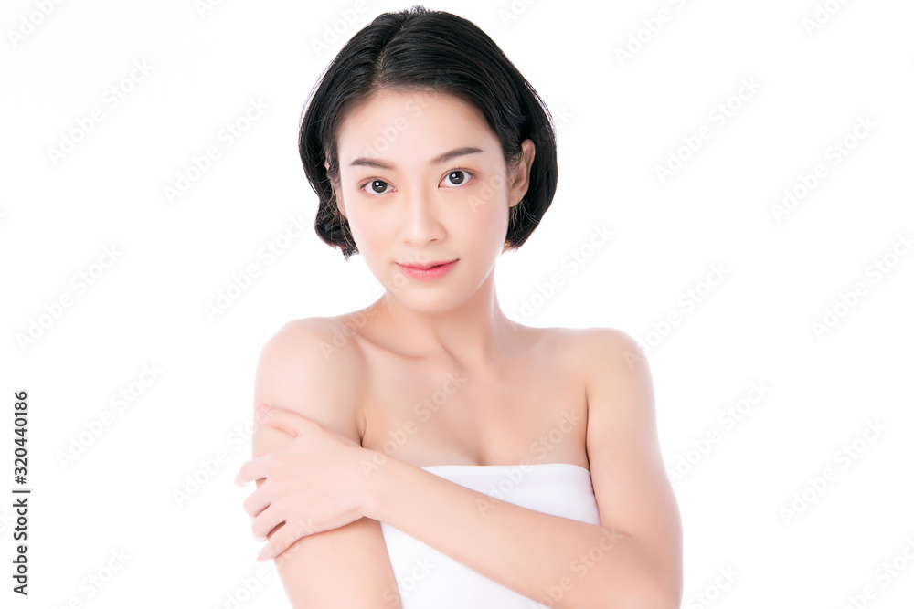 Portrait beautiful young asian woman clean fresh bare skin concept. Asian girl beauty face skincare and health wellness, Facial treatment, Perfect skin, Natural makeup, on white background,two Portrait beautiful young asian woman clean fresh bare skin concept. Asian girl beauty face skincare and health wellness, Facial treatment, Perfect skin, Natural makeup, on white background,two