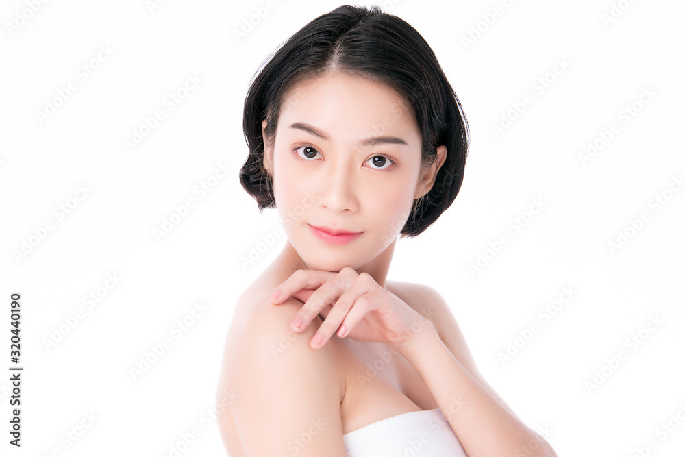 Portrait beautiful young asian woman clean fresh bare skin concept. Asian girl beauty face skincare and health wellness, Facial treatment, Perfect skin, Natural makeup, on white background,two Portrait beautiful young asian woman clean fresh bare skin concept. Asian girl beauty face skincare and health wellness, Facial treatment, Perfect skin, Natural makeup, on white background,two