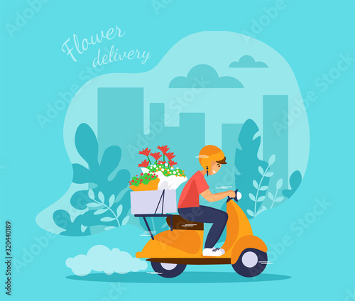 Flowers delivery service. Man courier is riding scooter with bouquet. 