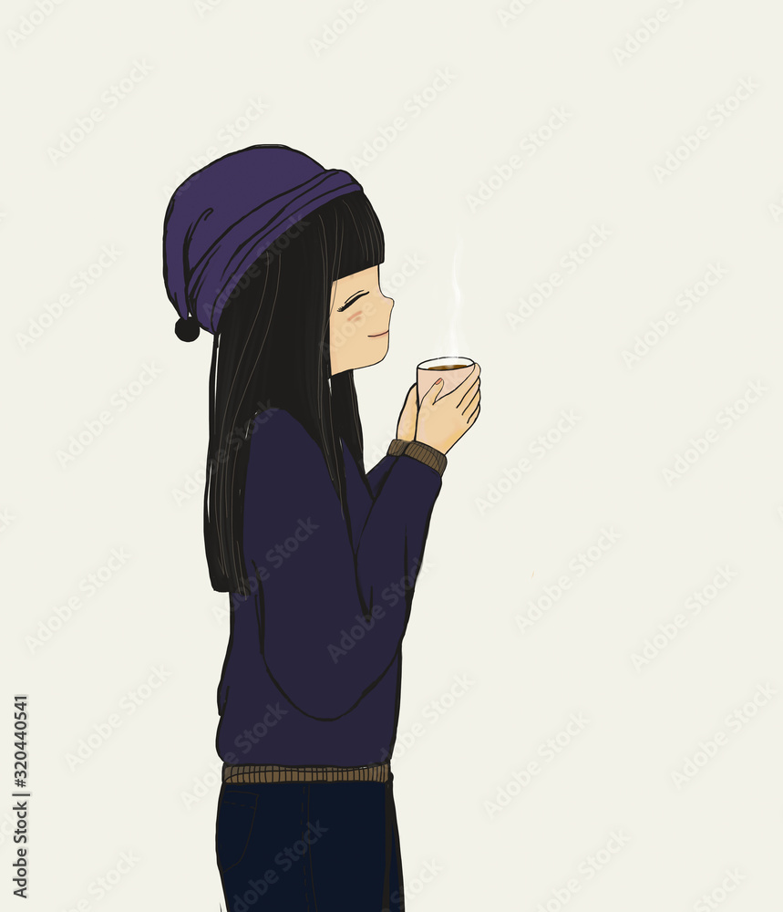 illustration of beautiful youg women with smiling face holding hot coffee, Cartoon cute little girl drinking hot chocolate. illustration of beautiful youg women with smiling face holding hot coffee, Cartoon cute little girl drinking hot chocolate.