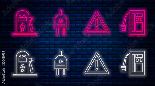 Set line Electric plug, Exclamation mark in triangle, Electric car charging station and Battery. Glowing neon icon on brick wall. Vector