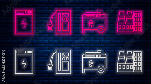 Set line Battery, Portable power electric generator, Power bank and Power station plant and factory. Glowing neon icon on brick wall. Vector