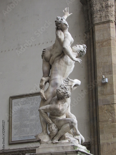 View of the Rape of the Sabine Women statue located in the Loggia dei Lanzi  on the Piazza della Signoria in Florence  Italy