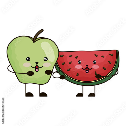 fresh watermelon and apple kawaii characters