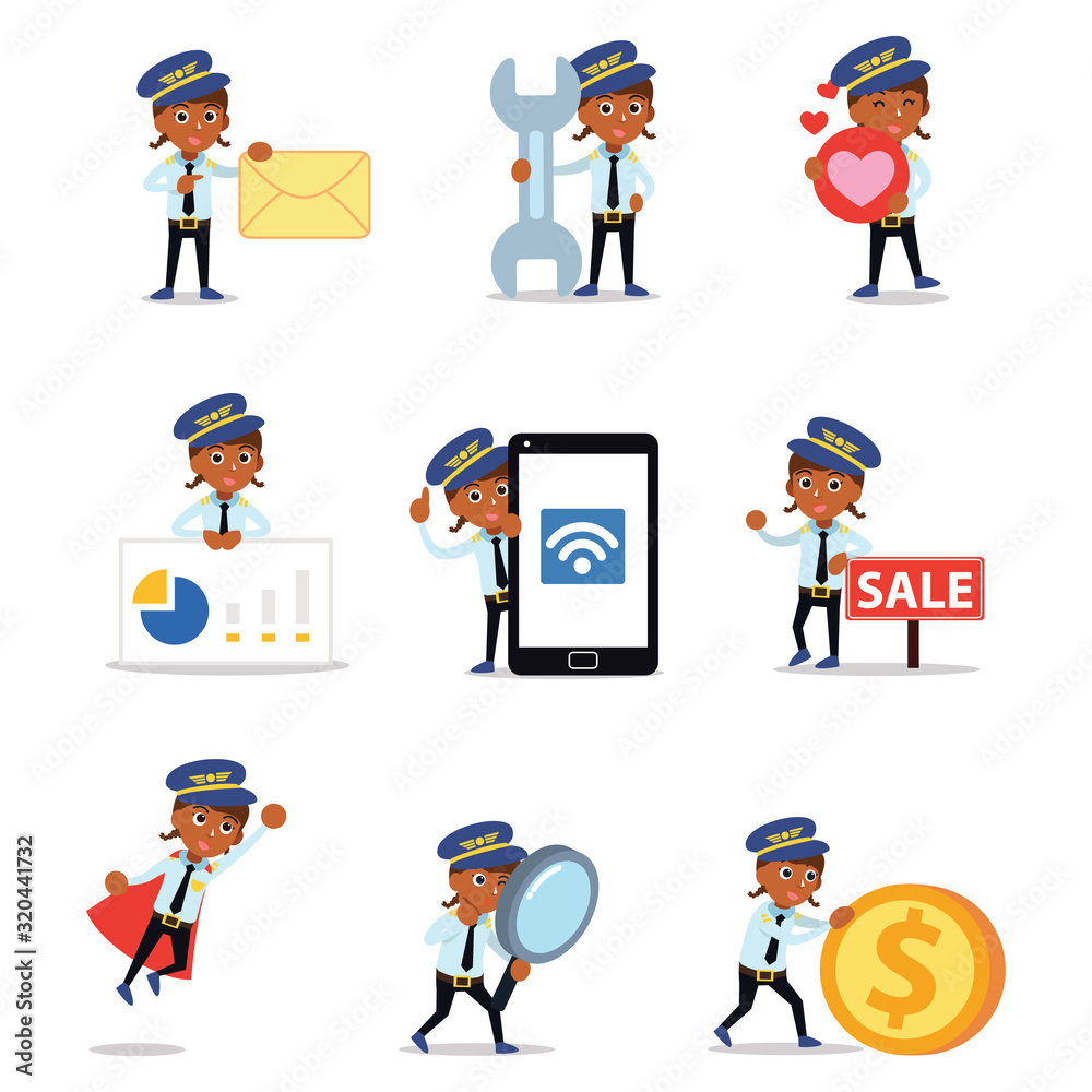 Set of character woman start in career of pilot. Set of character woman start in career of pilot.