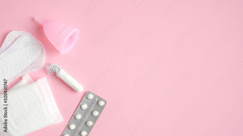 Feminine hygiene products. Top view sanitary pad, reusable menstrual