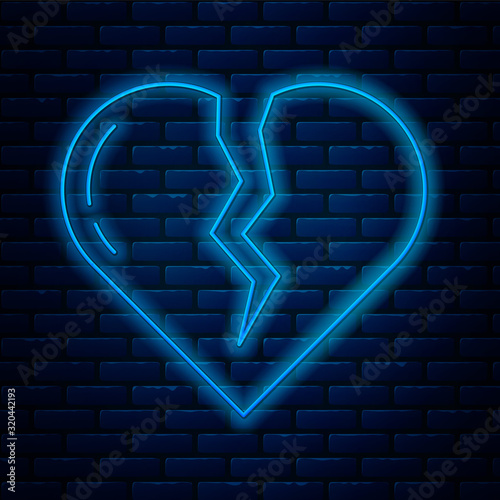 Glowing neon line Broken heart or divorce icon isolated on brick wall background. Love symbol. Valentines day. Vector Illustration