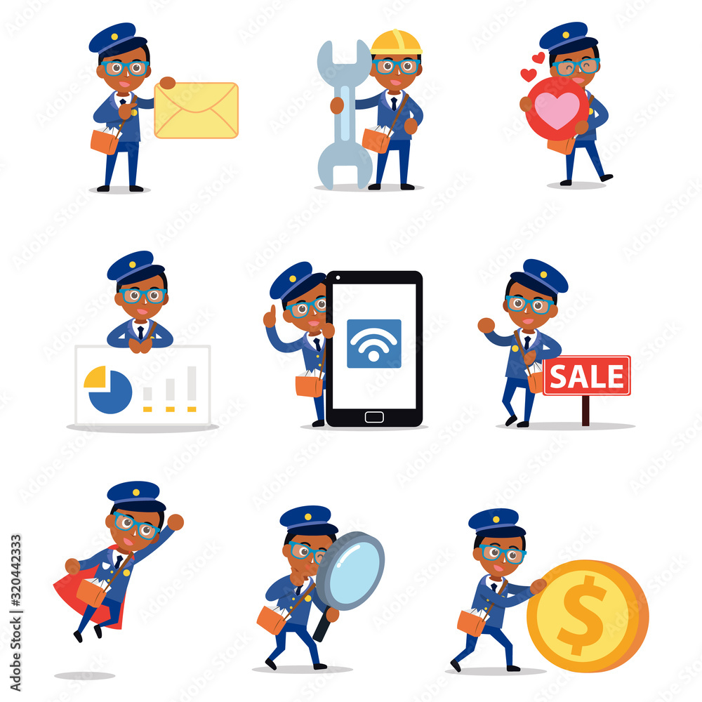 Set of character male postman deliver mails and packages. Set of character male postman deliver mails and packages.