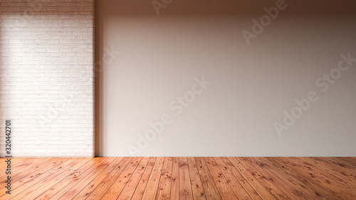 empty room with wooden floor and brick wall