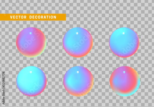 Set is three-dimensional geometric shape isolated with colorful hologram chameleon color gradient. 3d objects round ball. vector illustration.