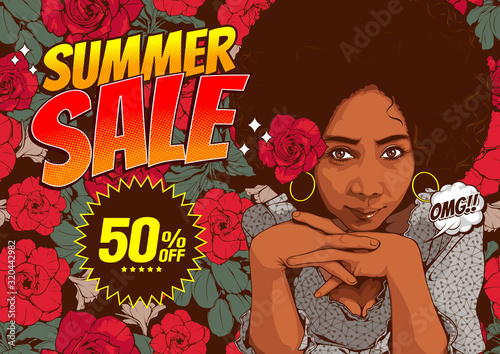 Summer Sale, Pictures of beautiful african american women staring with sexy eyes and smiling, comic style, cover template on yellow background, speech bubbles, vector illustration, EPS10.