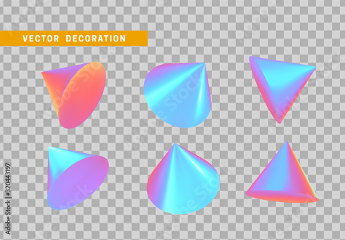 Set of Cone is three-dimensional geometric shape isolated with colorful hologram chameleon color gradient. 3d objects vector illustration