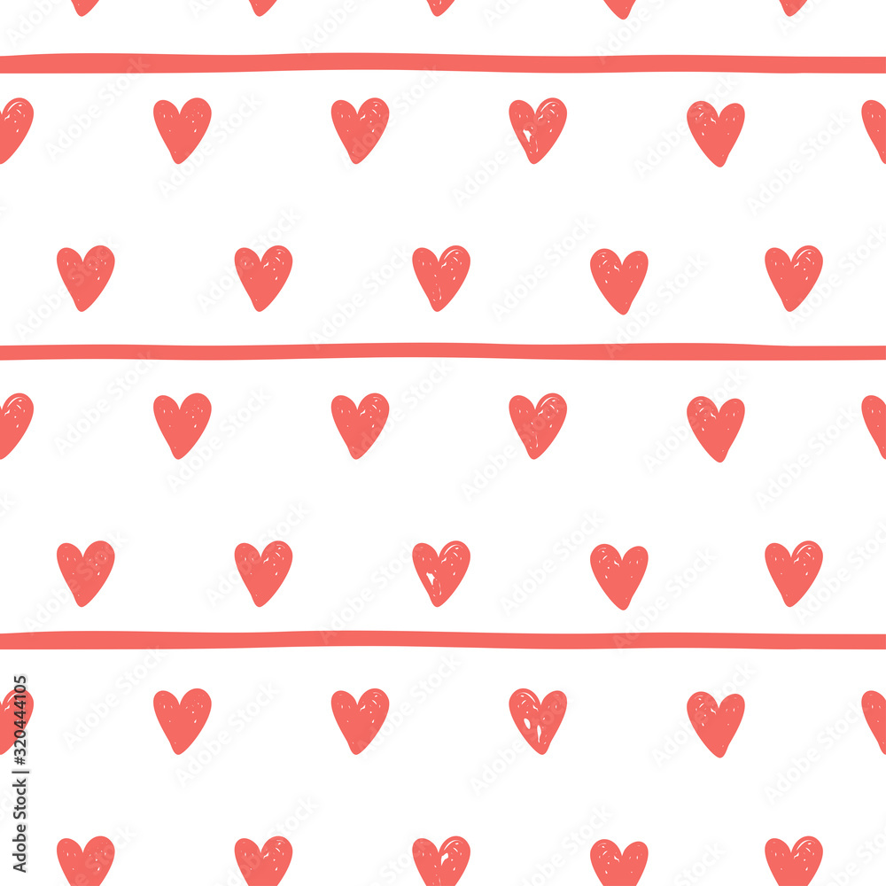 Coral pink hearts seamless pattern. Vector doodle illustration