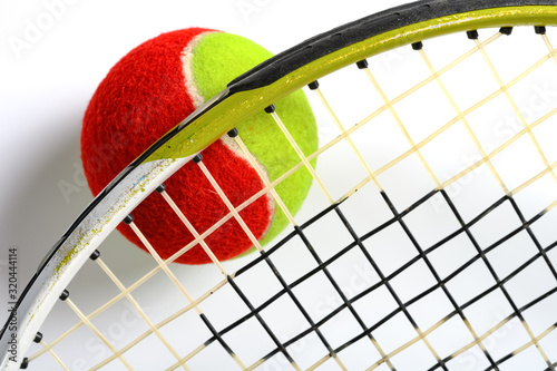 top view tennis ball and racket horizontal composition