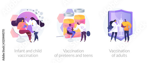 Vaccine-preventable diseases abstract concept vector illustration set. Infant and child vaccination, vaccination of preteens, teens and adults, immunization schedule, side effects abstract metaphor.
