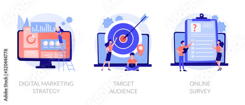 Advertising business, customer attraction, internet questionnaire icons set. Digital marketing strategy, target audience, online survey metaphors. Vector isolated concept metaphor illustrations