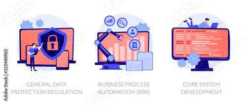 Privacy law, digital transformation, programming. General data protection regulation, business process automation, core system development metaphors. Vector isolated concept metaphor illustrations