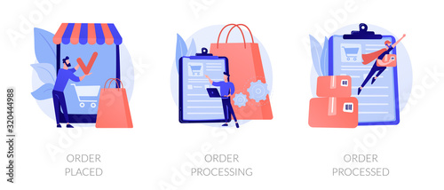 Mobile shopping app, modern online technology, internet customer service icons set. Order placed, order processing, order processed metaphors. Vector isolated concept metaphor illustrations