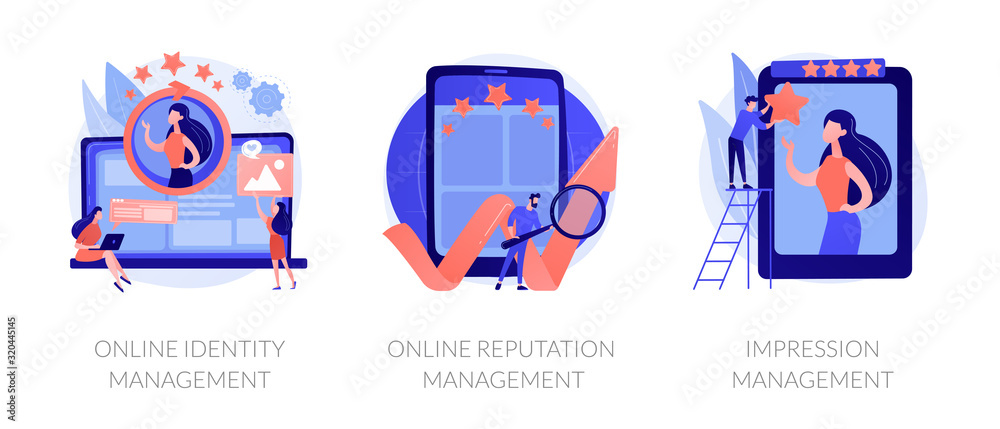 Web presence establishment, crm software, self presentation. Online identity management, online reputation management, impression management metaphors. Vector isolated concept metaphor illustrations Web presence establishment, crm software, self presentation. Online identity management, online reputation management, impression management metaphors. Vector isolated concept metaphor illustrations