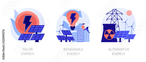 Eco friendly innovations, sustainable technology, solar panels and wind turbines use. Solar energy, renewable energy, alternative energy metaphors. Vector isolated concept metaphor illustrations