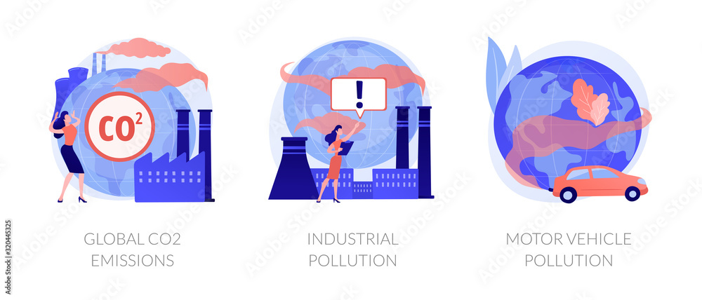 Plant and factory harm. Toxic chemical industry. Car smoke. Global CO2 emissions, industrial pollution, motor vehicle pollution metaphors. Vector isolated concept metaphor illustrations