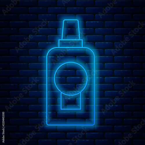 Glowing neon line Mouthwash plastic bottle icon isolated on brick wall background. Liquid for rinsing mouth. Oralcare equipment. Vector Illustration