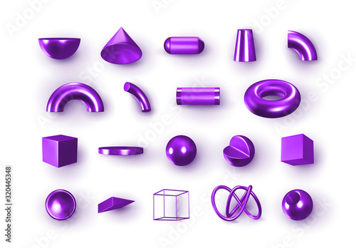 Set of 3d Objects Purple Geometric Shapes. Realistic geometry elements isolated on white background, on metallic color gradient. Render Decorative violet figure for design. vector illustration
