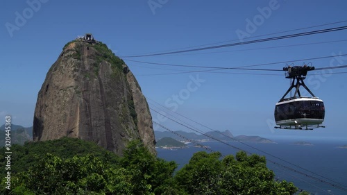 Sugar loaf mountain with famous cable car passing. Rio, Brazil