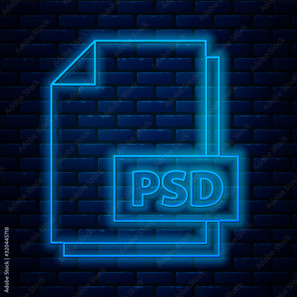 Glowing neon line PSD file document. Download psd button icon isolated on brick wall background. PSD file symbol. Vector Illustration