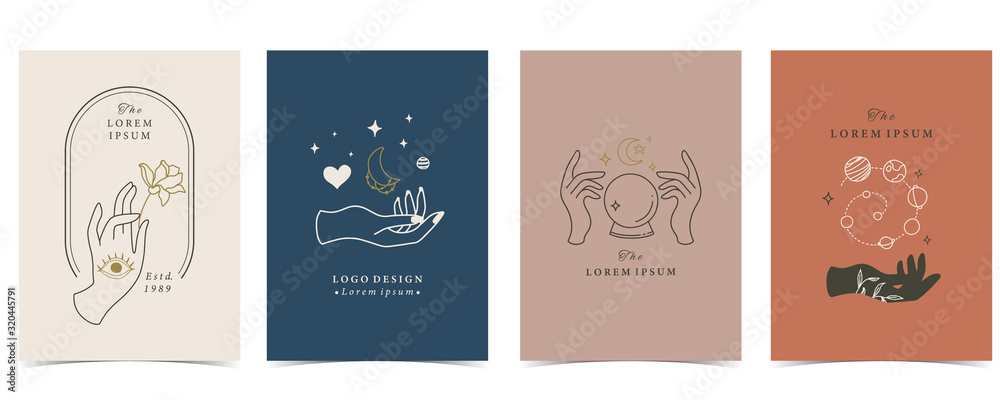 Collection of occult background set with hand,planet,heart,moon.Editable vector illustration for website, invitation,postcard and sticker