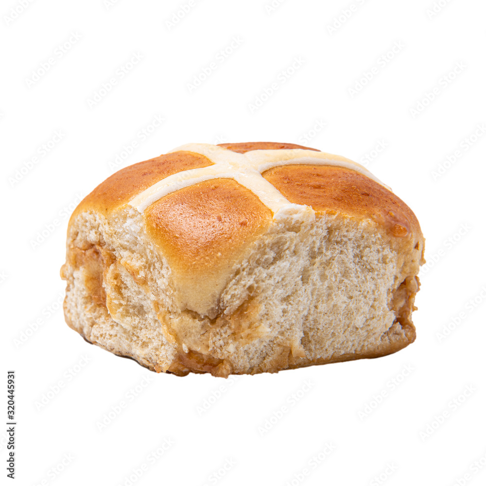 Single hot cross bun on white background Single hot cross bun on white background