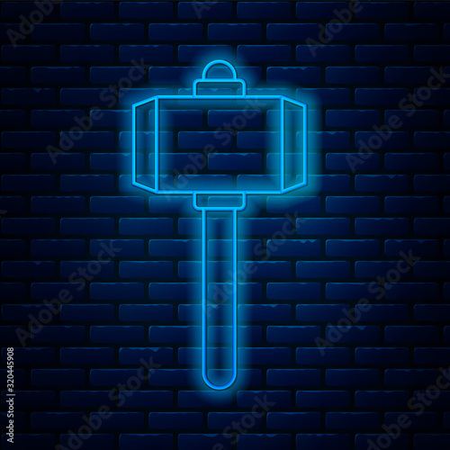Glowing neon line Battle hammer icon isolated on brick wall background. Vector Illustration